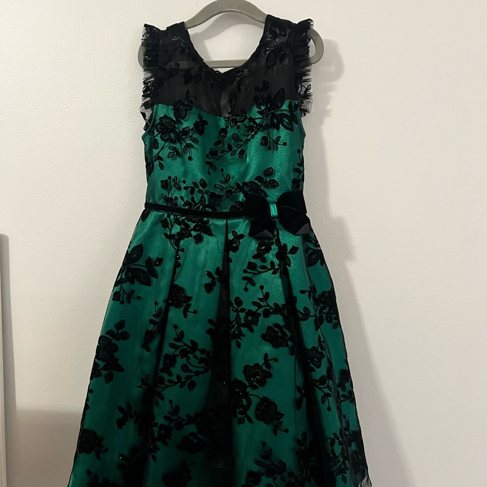 Formal Black and Green Velvet Holiday Kids Dress